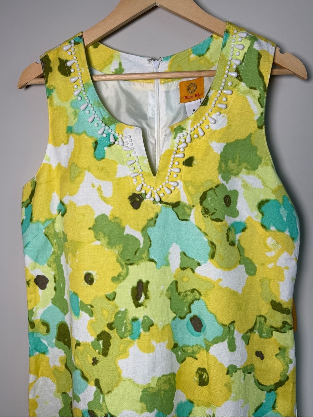 NWT Ruby Rd Yellow Watercolor Floral Beaded Linen Shift Dress Summer Resort Sz 8 - Picture 2 of 8